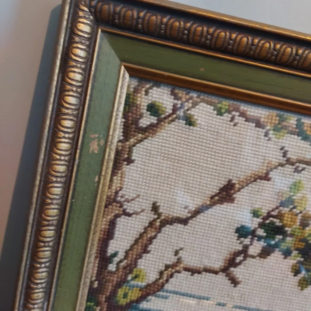 Vintage Needlepoint Coastal Landscape Framed Wall Art 12x15 Green Gold Frame